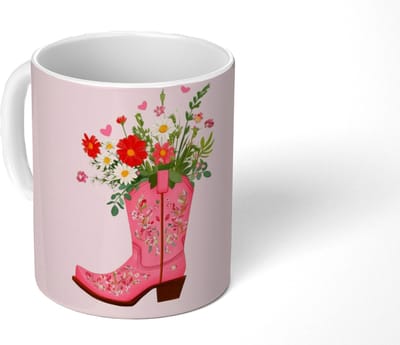 Mok - Koffiemok - Cowboylaarzen - Roze - Boeket - Bloemen - Mokken - 350 ML - Beker - Koffiemokken - Theemok
