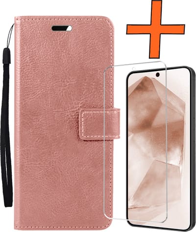 Hoes - Met Screenprotector - Geschikt voor Samsung Galaxy A55 - Luxe Pasjeshouder - Bookcase Portemonee - Flip Case - Kunstleer Book Case - Flipcase - Book Cover - Walletcase - PortemonneeHoes - Rosé goud