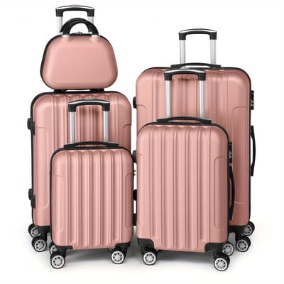 Koffers -Kofferset 5 hardshell- 360° Dubbele spinner wielen- Geïntegreerd TSA Slot-Verschillende maten -Water en vuil afstotend-Roos goud.