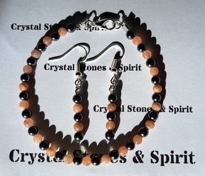 Set Armband/ Oorbellen Maansteen / Hematiet hang 4 mm