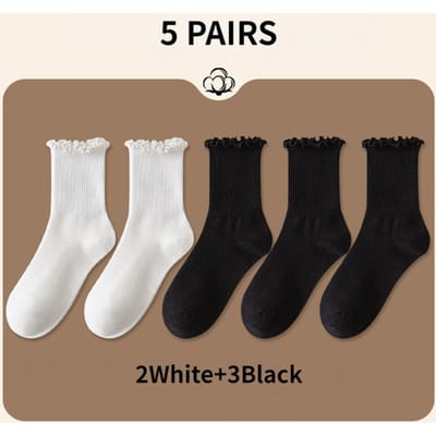 Chaussettes en coton à volants pour femmes, 5 paire/lot, Tube central, cheville courte, respirantes, noir et blanc, ensemble printemps automne EUR 35-39 brown