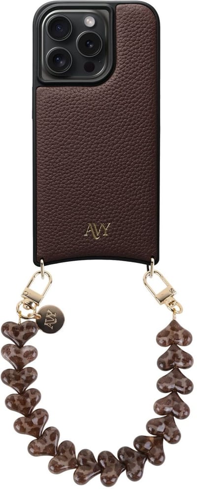 AVY Leren Hoesje Geschikt voor Apple iPhone 15 Pro | Compatibel met MagSafe | Leather Case met Telefoonkoord | Polsband | Chocolate | Cupid Leopard