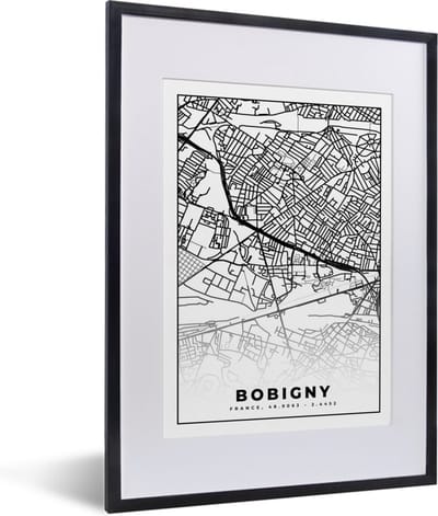 Fotolijst incl. Poster Zwart Wit- Stadskaart - Bobigny - Frankrijk - Kaart - Plattegrond - Zwart wit - 30x40 cm - Posterlijst