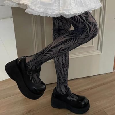 Gotische Panty's Sexy Harajuku Stijl Visnet Hoge Taille Bodykousen Voor Dames Kleding Meisje Bos Oogpatroon Panty's gray