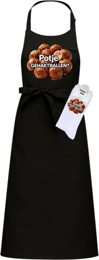 Luxe Hobby Keukenschort en sokken met tekst - Cadeau set - Gehaktballen - Pensioen cadeau - Zwart - Verstelbaar - Cadeau idee - Verjaardag cadeau - Cadeau dames en heren - Moederdag - Vaderdag - Afscheid - Kerst cadeau - Grappig cadeau - Onesize