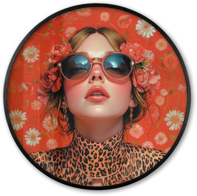 Poster in lijst Rond - Fotolijst 60x60 cm - Posters - Vrouw - Kleurrijk - Dierenprint - Bloemen - Ronde posterlijst zwart - Decoratie - Wanddecoratie woonkamer - Muurdecoratie slaapkamer