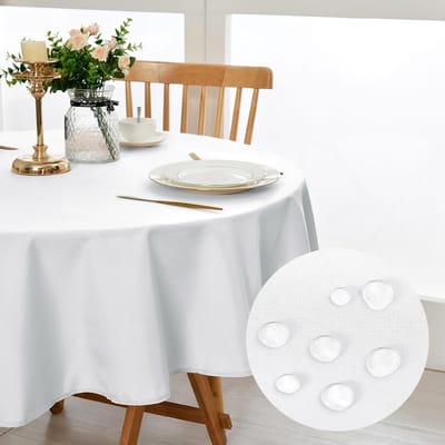 Famanu - Wit tafelkleed, rond, 140 cm, vlekbescherming, afwasbaar, waterdicht, tafelkleed voor eetkamer, tuin, feest, bruiloften of thuis