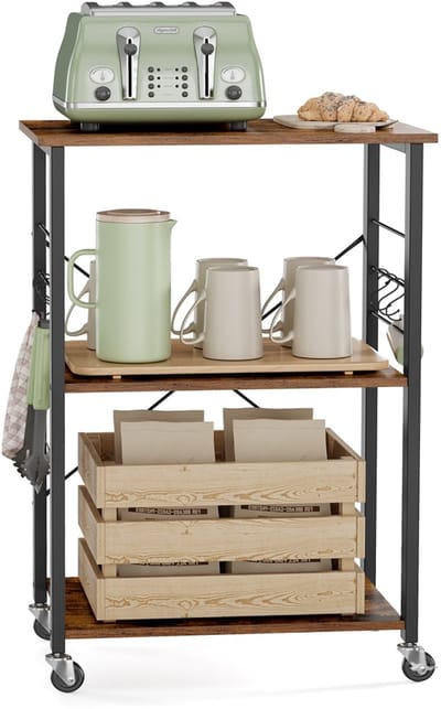 VASAGLE - Kruidenrek - Keukenrek op Wielen - 3 Lagen - Met 6 Haken - Voor Mini-Oven en Broodrooster