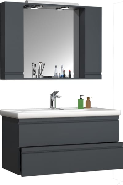 3-delige wastafel 100 cm badkamermeubelset wastafel greeploos lade spiegelkast Silora XL