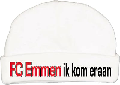 Babymutsje met de tekst: FC Emmen ik kom eraan !