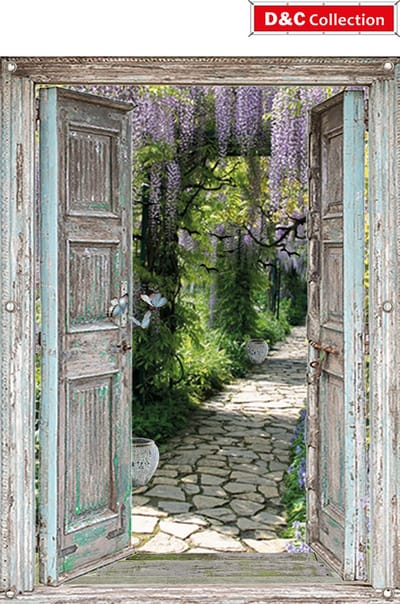 Bloemen doorkijk tuinposter - 95x130 cm - doorkijk - Openslaande deuren - luxe uitvoering - Uitzicht laan blauwe regen en vlinders - tuindecoratie - tuindoek - tuinposters buiten - schuttingposter