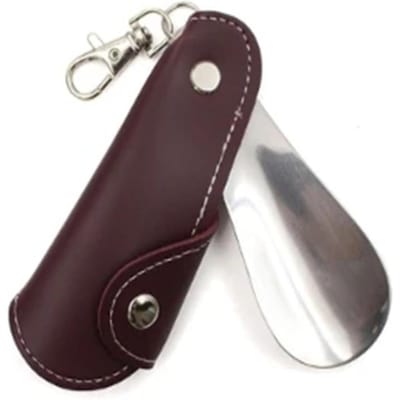 Metalen Schoenlepel Mini Schoenlepels Schoenaantrekker Draagbare Reis Schoenlepel met Lederen Handvat Deductie Schoenlepel voor Sleutelhanger gray