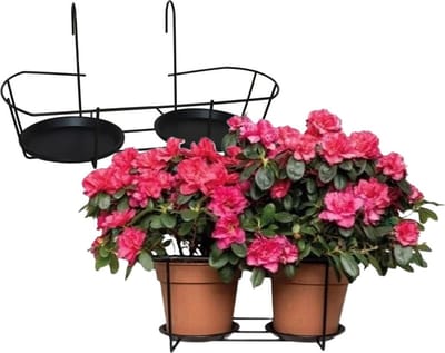 Gerimport Balkon bloempothouder dubbel - 2x - bloembak met ophanging - zwart metaal - 46 x 28 x 21 cm