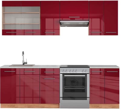 Vicco Fame-Line Complete keukeneenheid – 240 cm, WB Marmer Bordeaux hoogglans/gouden eik