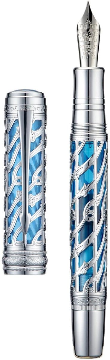 Dailygoods - HONG DIAN A6 Zuiger Vulpen Fijne Zachte Penpunt, Zilver Blauwe Holle Skelet & Hars Pen met Metalen Koffertje Set