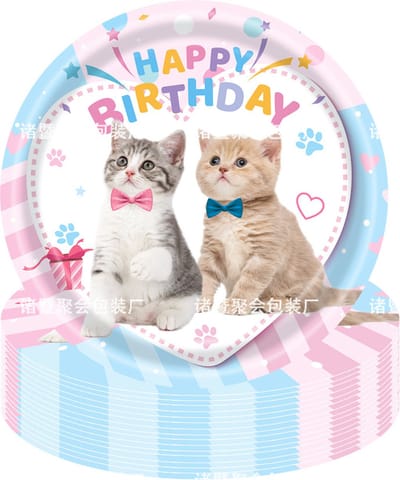 24 kartonnen bordjes Happy Cats pastel doorsnede 23 cm - kat - poes - huisdier - dier - bord - happy birthday - verjaardag - kitten - kinderfeest