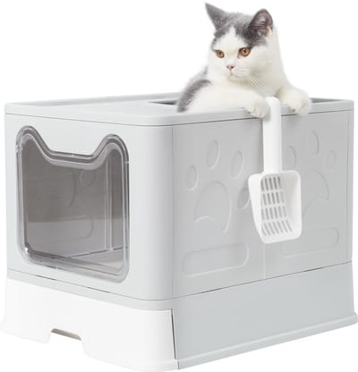 BingoPaw Opvouwbare Kattenbak met Lade - Anti-Uitloop XXL - Inclusief Kattenschepje - Grijs/Wit - Voor katten tot 10kg