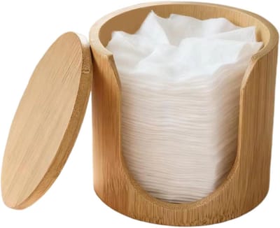 Wattenschijfjes Dispenser - Katoenen Rondjes Houder - Badkamer Organiseren - Met Deksel - 11 x 11 x 10 cm - Bamboe