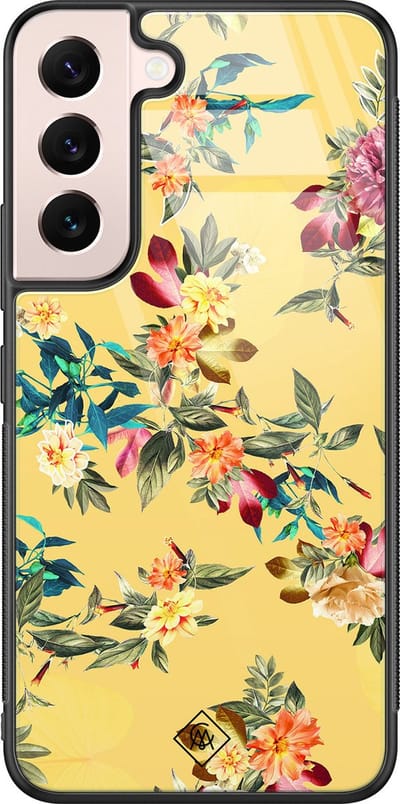 Casimoda® hoesje - Geschikt voor Samsung Galaxy S22 - Bloemen geel flowers - Luxe Hard Case Zwart - Backcover telefoonhoesje - Geel