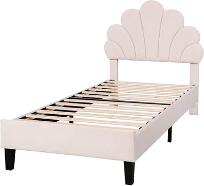 MIVRAY Gestoffeerd Bed 90x200 Cm - Eenpersoonsbed Met Bloemvormig Hoofdbord En Lattenbodem - Slaapkamer - Fluweel - Beige - Zonder Matras