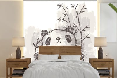 Behang - Fotobehang Panda - Bamboe - Zwart - Wit - Breedte 220 cm x hoogte 220 cm