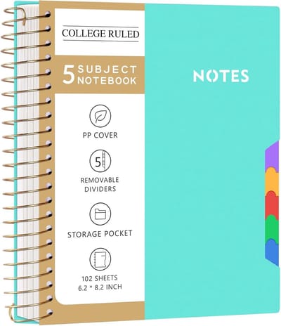 A5 Notitieboek met 5 Vakken en Verwijderbare Tabs - Liggend Spiraal voor School en Werk