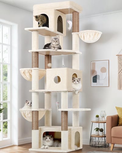 Dailygoods- Krabpaal XXL Hoog 204 cm - 3 Kattenhuisjes - 2 Grote Platforms - 2 Zachte Kattenmanden - Stabiele Kattentoren - Luxe voor 3-5 Grote Katten - Kattenhuis
