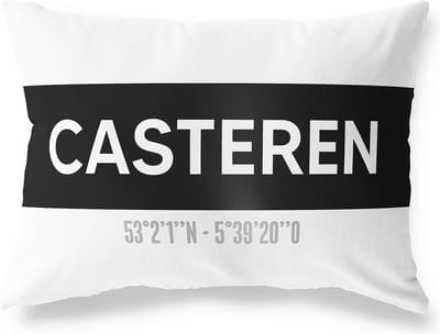 Tuinkussen CASTEREN - NOORD-BRABANT met coördinaten - Buitenkussen - Bootkussen - Weerbestendig - Jouw Plaats - Studio216 - Modern - Zwart-Wit - 50x30cm