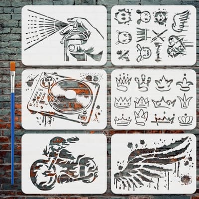 6 Stuks Graffiti Schilder Stencils met Kwast - Hart, Konijn, Kroon en Vleugels - Sjablonen voor Spuitverf en Creatieve Patronen 21x29.7cm