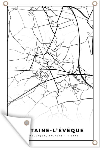 Muurdecoratie België – Fontaine l'Évêque – Stadskaart – Kaart – Zwart Wit – Plattegrond - 120x180 cm - Tuinposter - Tuindoek