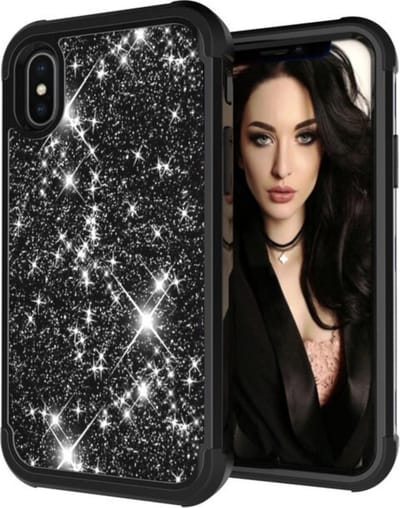 Geschikt voor Apple iPhone X - XS Glitter Backcover - Zwart - Shockproof Armor