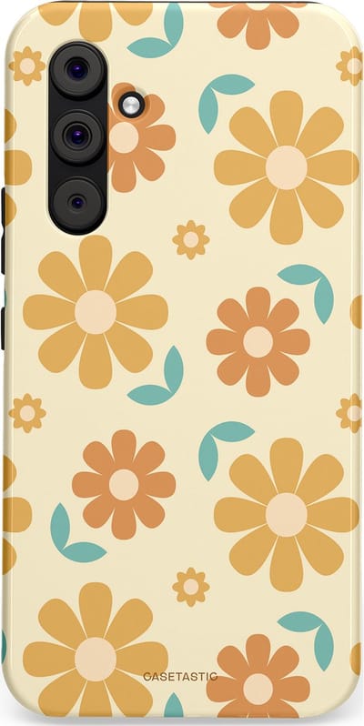 Casetastic hoesje geschikt voor Samsung Galaxy A54 (2023) 5G - Dubbellaagse bescherming - Flower power Retro Bloemen - Geel - Oranje - Blauw - Fashion Case - Crème Goud Perzik