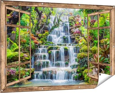 Gards Tuinposter Doorkijk Tropische Waterval in Thailand - 150x100 cm - Tuindoek - Tuindecoratie - Wanddecoratie buiten - Tuinschilderij