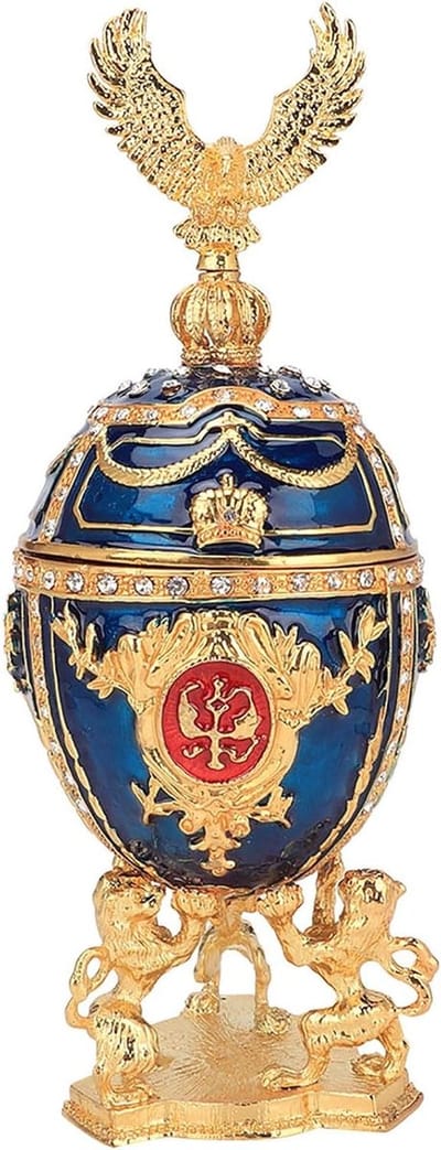 Unieke handgeschilderde en geëmailleerde juwelendoos in de vorm van een Fabergé-ei met gouden afwerking en glanzende diamanten, perfect als cadeau voor sieraden en als decoratie voor thuis, 3x7.8 inch