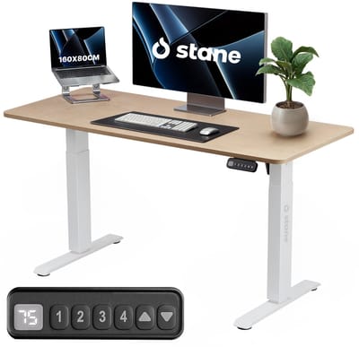Stane Zit Sta Bureau Elektrisch Verstelbaar - Kabelgoot - 160 x 80 cm - Eiken Blad, Wit Frame