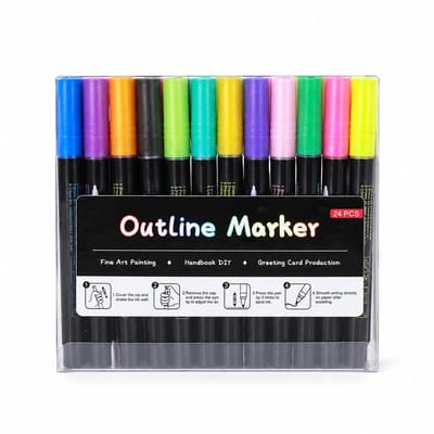 Contourmarkers - 24 kleuren, versie C - Metallic glanzend dubbellijnseffect - Voor creatieve DIY-projecten - Verpakking zonder ondertray