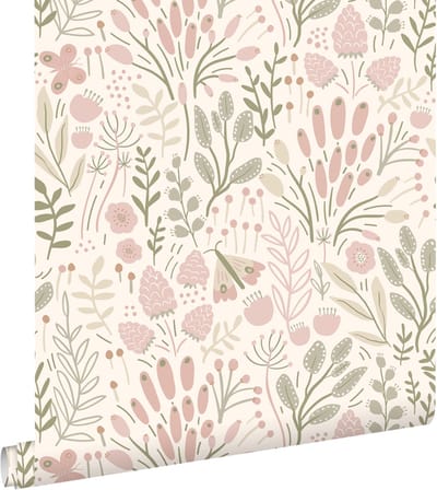 ESTAhome behang bladeren en bloemen wit en licht roze - 50 x 900 cm - 131384