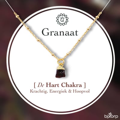 Bixorp Gems Ruwe Granaat Hart Chakra Ketting - 18 Karaat Verguld Goud & Roestvrij Staal - 36cm + 8cm verstelbaar