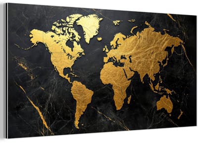 Aluminium schilderij 160x80 cm - Wanddecoratie metaal - Wereldkaart - Goud - Marmer - Metalen muurdecoratie woonkamer - Decoratie industrieel - Foto op dibond - Industriële accessoires slaapkamer