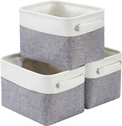 Kleine Opbergdozen van Canvas, Vouwbare Opbergmanden met Handvatten voor Kleding, Speelgoed en Kasten (3-Pack, Grijs/Wit)