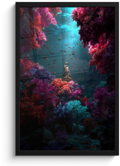 Poster in lijst - Fotolijst 40x60 cm - Posters - Standbeeld - Zeebodem - Koraal - Kleurrijk - Posterlijst zwart - Decoratie - Wanddecoratie woonkamer - Muurdecoratie slaapkamer