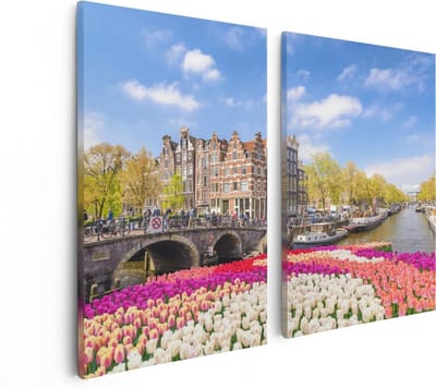 Artaza Canvas Schilderij Tweeluik Amsterdamse Huisjes Aan De Grachten  - 80x60 - Foto Op Canvas - Canvas Print