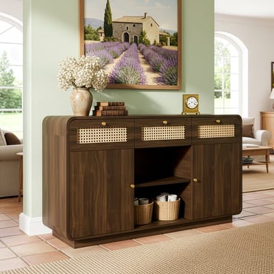 Dressoir - 120x40x85 cm - met Rattan en Goud - 3 Lades en 2 Deuren - Hout - Walnoot