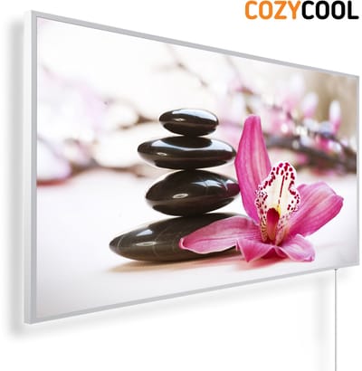 Infraroodpaneel met afbeelding | Spa Stones en Orchideebloem | 1200 Watt | Witte lijst | Infrarood verwarmingspaneel | Infrarood paneel | Infrarood verwarming