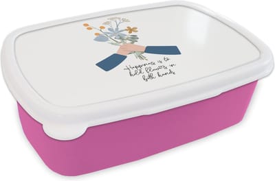 Broodtrommel Roze - Lunchbox - Brooddoos - Spreuken - Happiness is to hold flowers in both hands - Quotes - 18x12x6 cm - Kinderen - Meisje