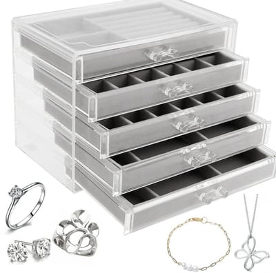 Dailygoods- Sieradendoosje 5 Laden - Sieraden Organizer - Fluwelen Opberger - Transparant Acryl - 23,7 x 17,5 x 15 cm - Perfect voor Ringen/Halskettingen - Sieradenorganizer