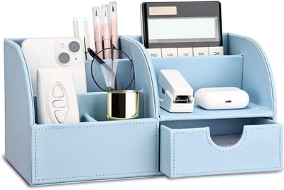 Elegante PU Leren Bureau Organizer voor Kantoor - Netjes Pennen en Potloden Opslagdoos - Desk Accessories in Blauw voor Efficiëntie en Organisatie