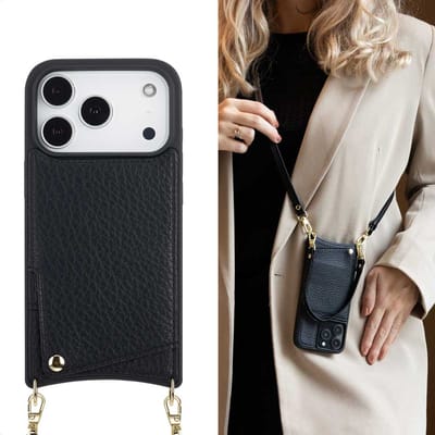 Selencia Hoesje - Geschikt voor Apple iPhone 17 Pro - Backcover met koord en pashouder - Zwart