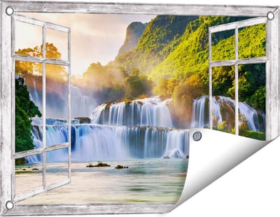 Gards Tuinposter Doorkijk Watervallen tussen de Bomen - 60x40 cm - Tuindoek - Tuindecoratie - Wanddecoratie buiten - Tuinschilderij