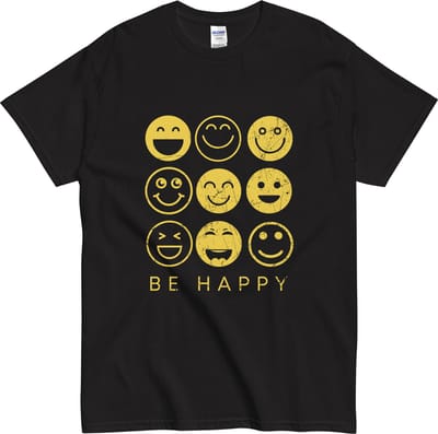 Heren Dames T Shirt - Be Happy Smileys - Quote - Zwart - S